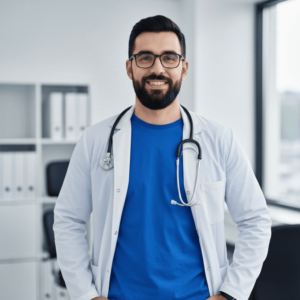 Um médico sorridente com óculos, barba e jaleco branco posa em um consultório iluminado.