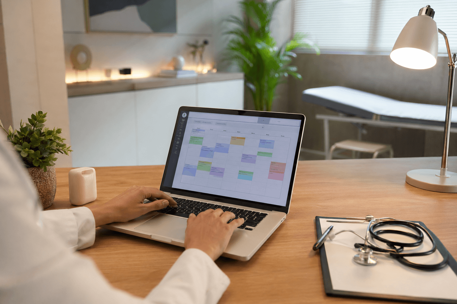 Mãos digitando em laptop com agenda de consultas na tela