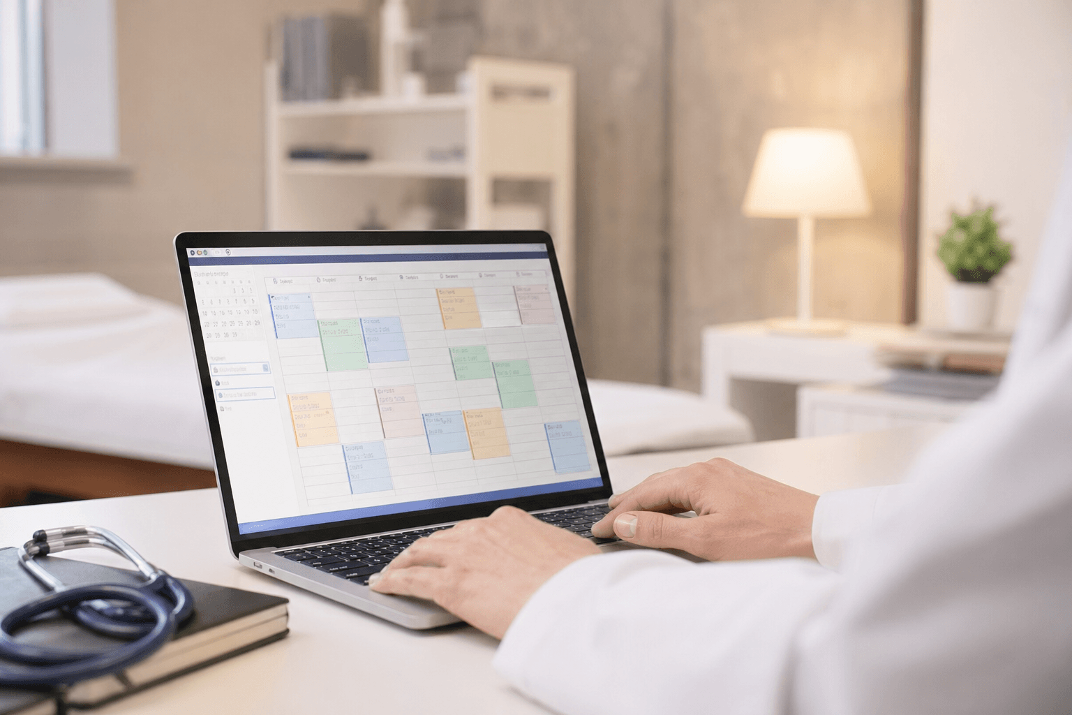 Mãos digitando em laptop com agenda de consultas na tela