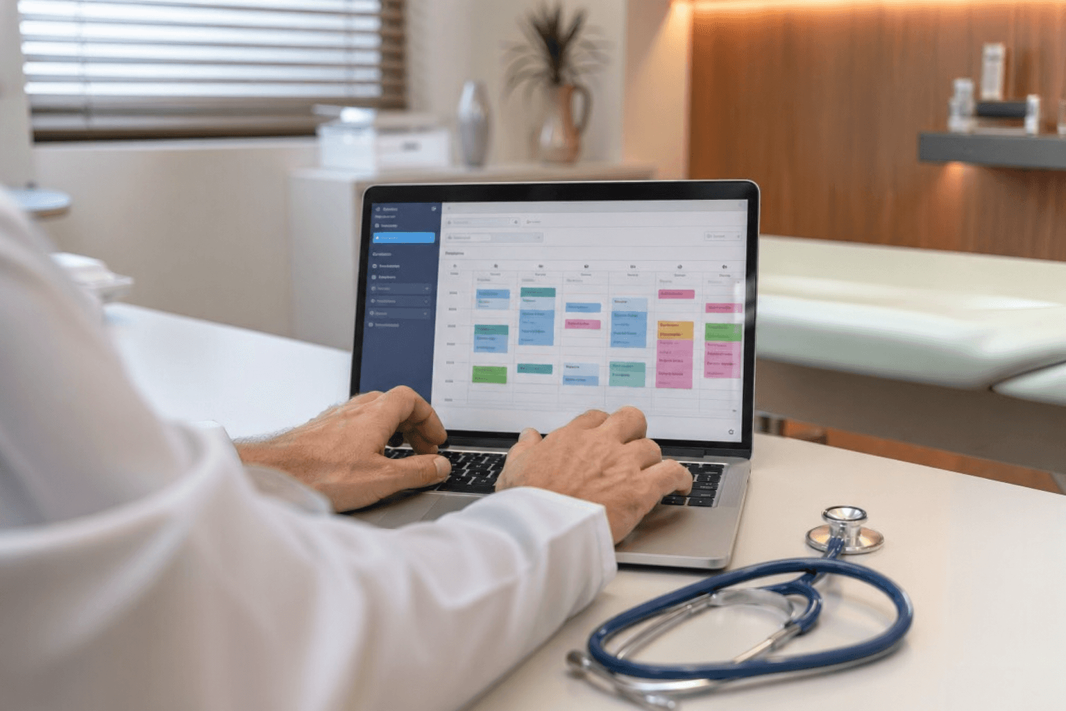 Mãos digitando em laptop com agenda de consultas na tela