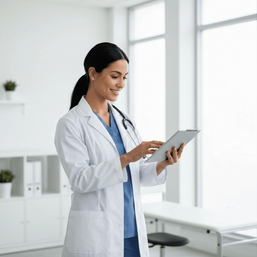 Médica sorridente de jaleco branco e scrubs azuis olhando um tablet em um consultório médico claro.