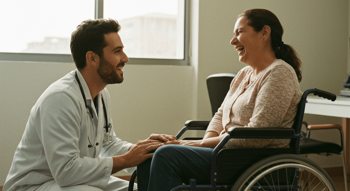 Médico sorridente de joelhos, segurando as mãos de paciente feliz em cadeira de rodas, ambos rindo.
