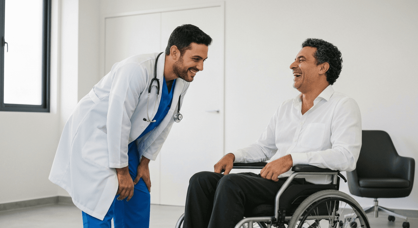 Médico sorri para paciente em cadeira de rodas rindo, em consultório bem iluminado.