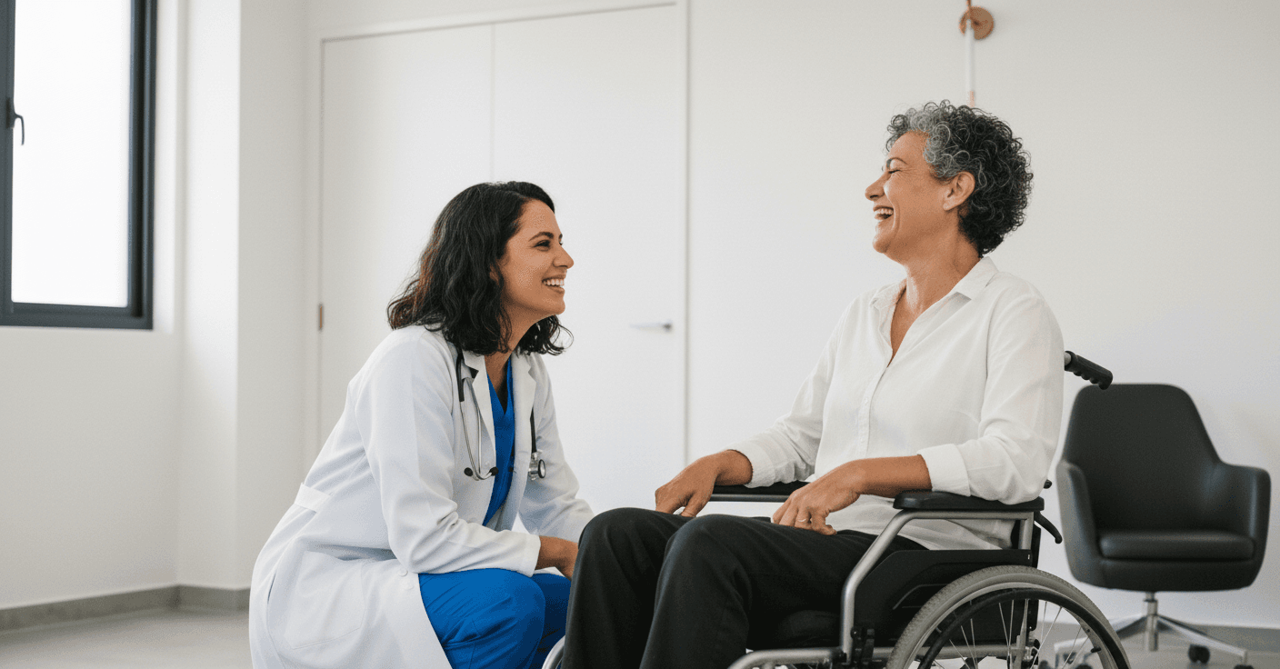 Médica sorridente agachada conversa com paciente idosa em cadeira de rodas, ambas rindo e se olhando.