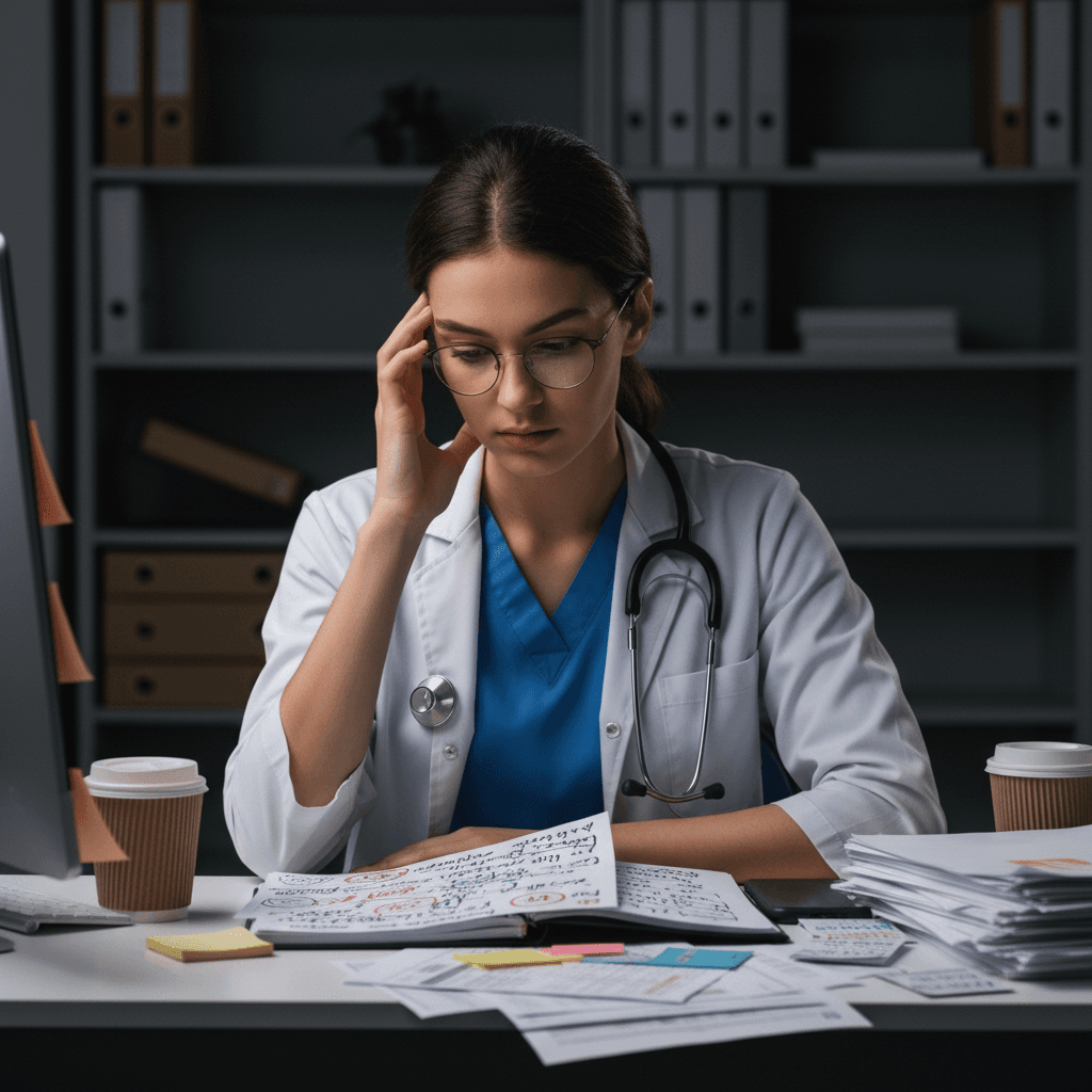 Médica estressada em jaleco branco e óculos, trabalhando à noite em escritório com muitos papéis.