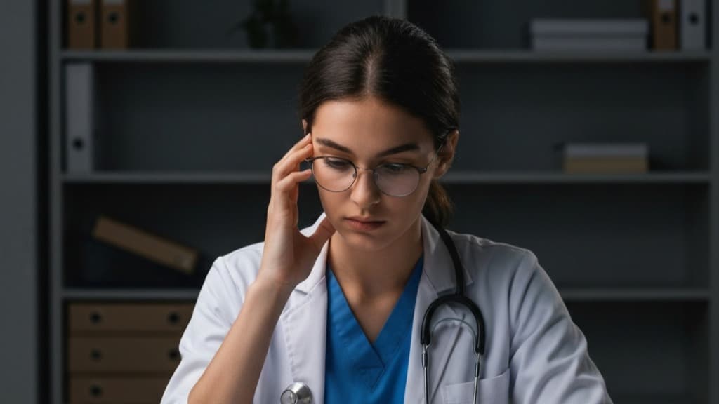 Médica com jaleco branco e scrubs azuis sentada à mesa, com a mão na testa, olhando para um caderno.