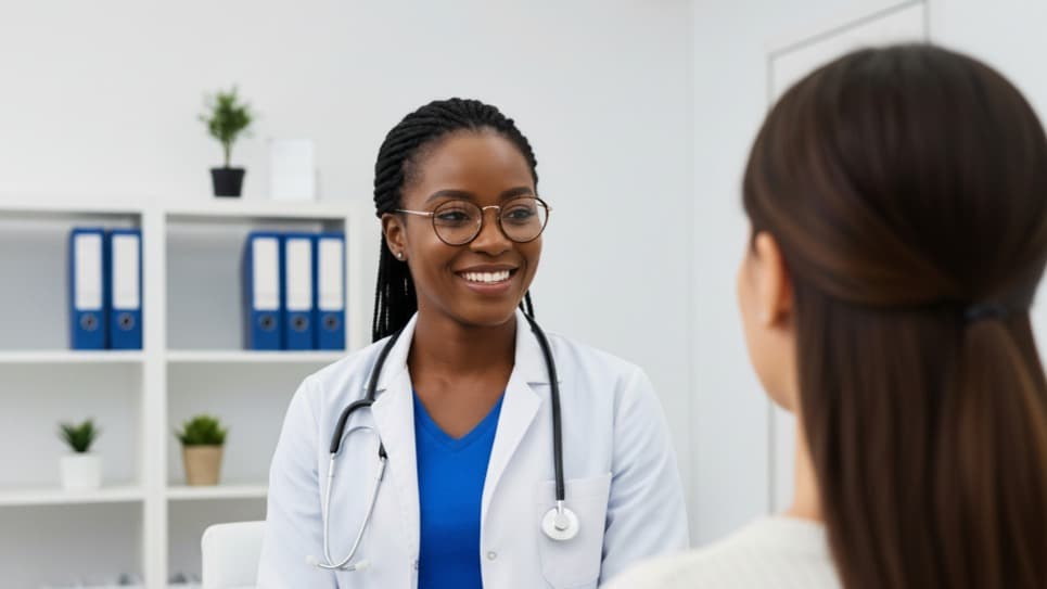 Médica negra sorridente com jaleco e estetoscópio conversando com paciente em consultório.
