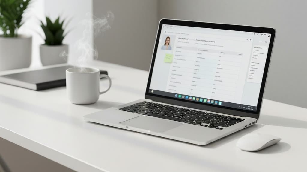 Mesa de escritório branca com laptop, mouse, caneca fumegante, caderno e plantas em vasos. Cena de trabalho.