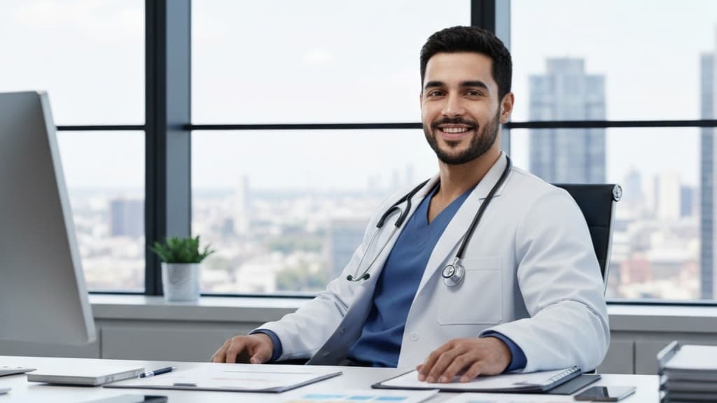 Um médico barbudo sorridente em jaleco branco e estetoscópio sentado em uma mesa de escritório com vista para a cidade.
