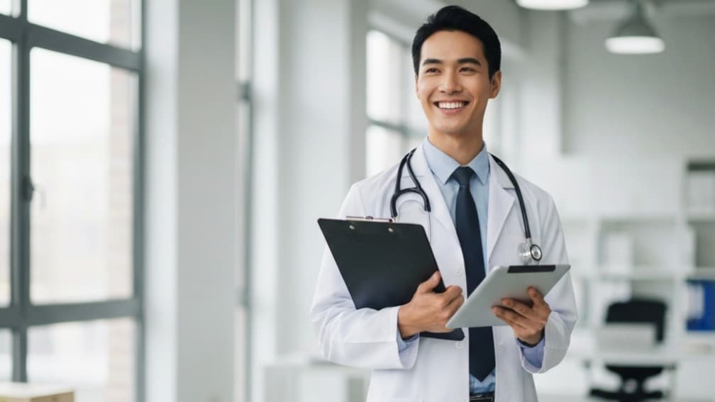 Um médico asiático sorridente em jaleco branco e estetoscópio segura uma prancheta e um tablet.