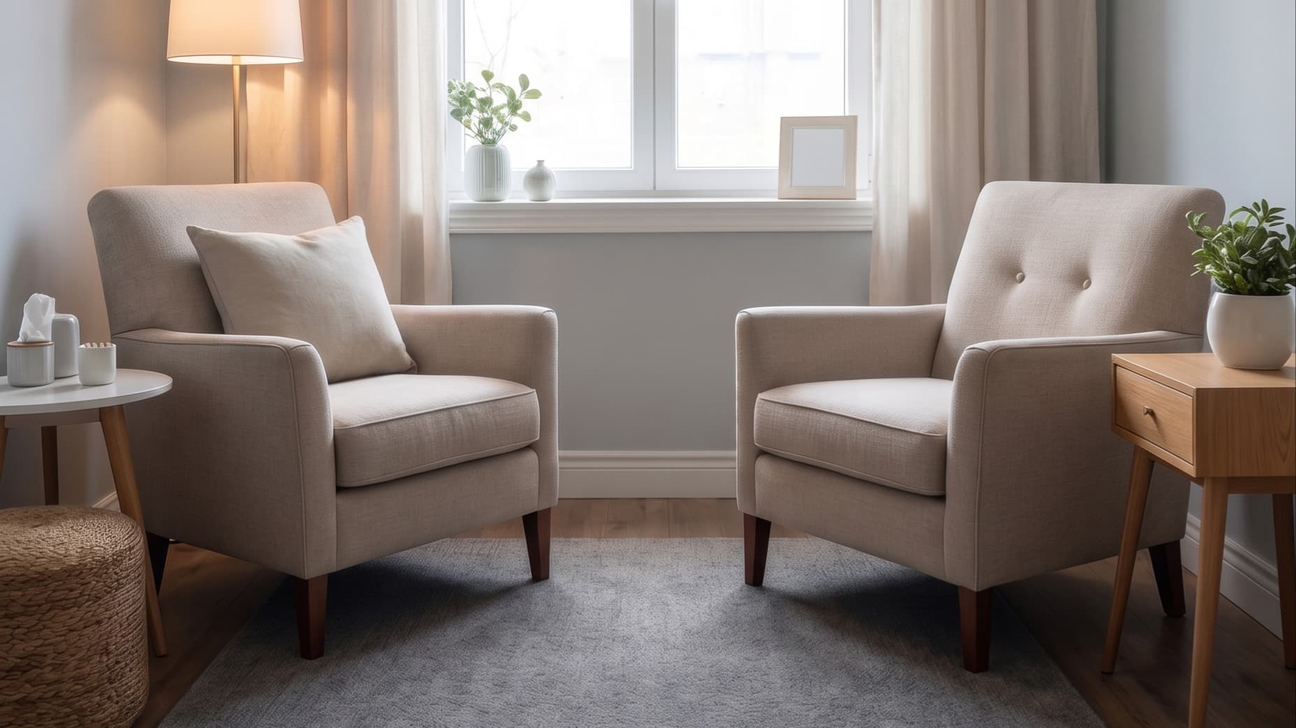 Duas poltronas bege de frente, com tapete cinza, janela grande e móveis de madeira em uma sala calma.