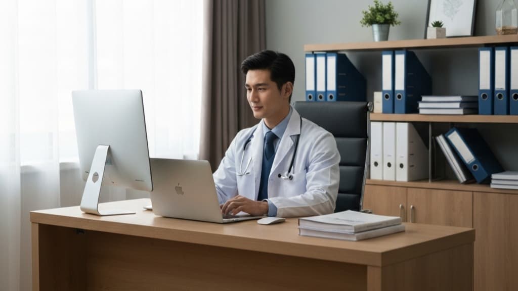 Médico asiático jovem em jaleco e estetoscópio trabalhando em laptop em consultório moderno.