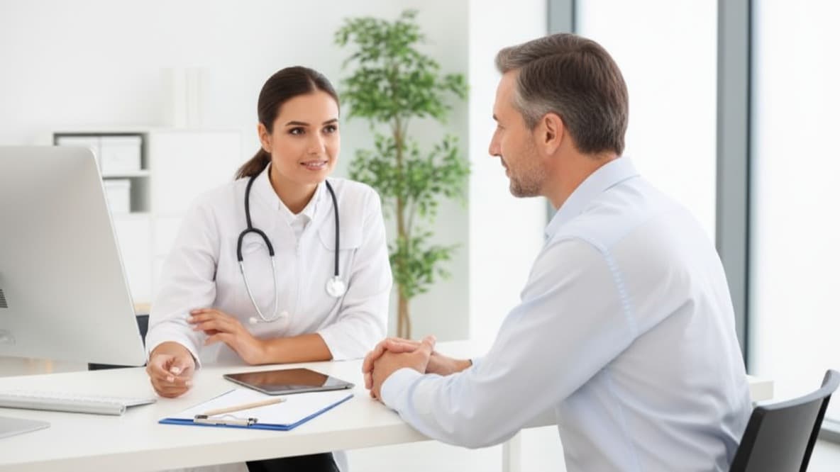 Médica sorridente em jaleco branco consultando um paciente masculino em um consultório claro e moderno.