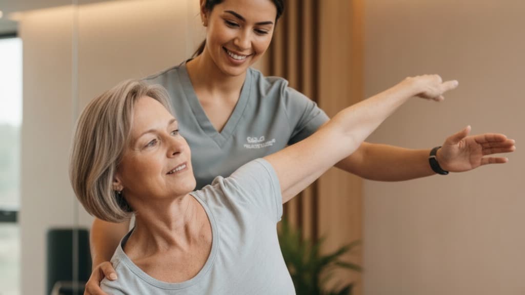 Duas mulheres sorrindo em um estúdio de pilates, uma instrutora ajudando uma aluna em um exercício.