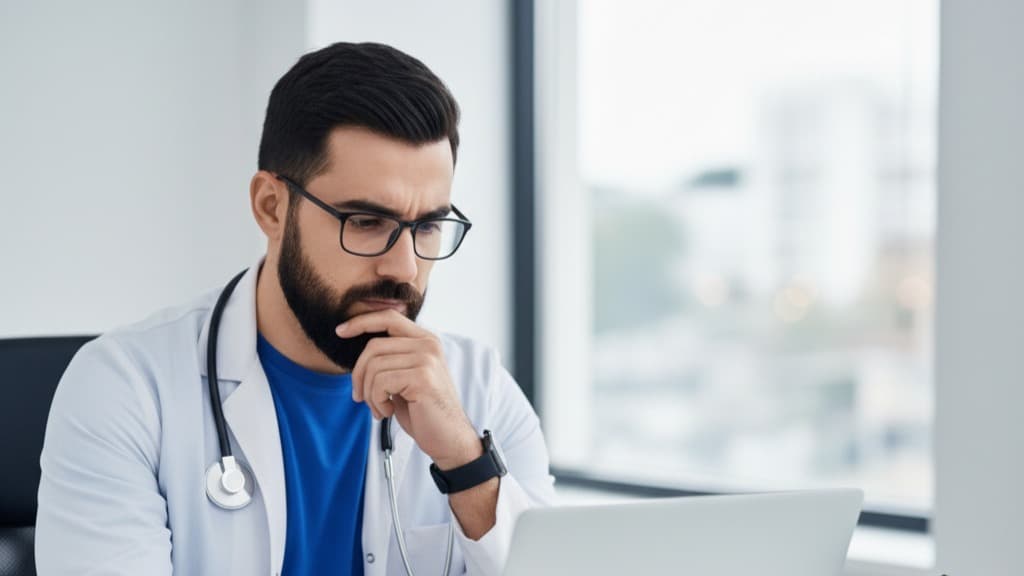 Um médico barbudo de óculos e estetoscópio trabalha pensativo em um laptop em seu consultório.