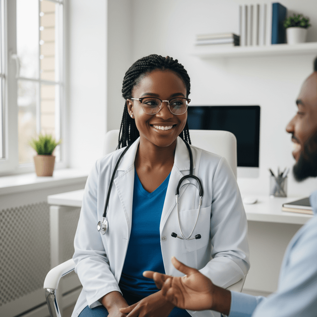 Uma médica negra sorridente com jaleco e estetoscópio conversa com um paciente em um consultório médico.