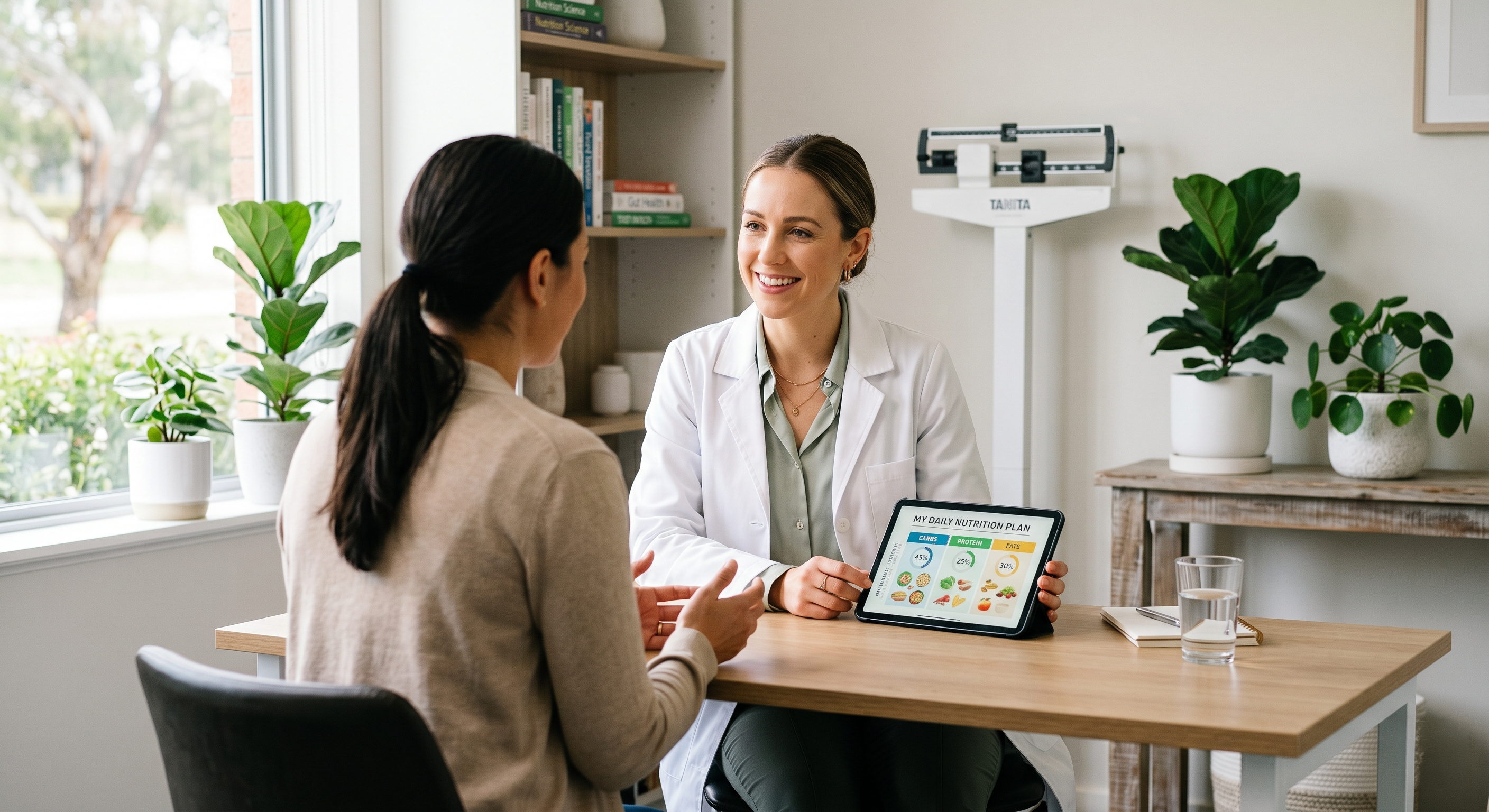 Consultório de nutrição com mesa de atendimento e alimentos